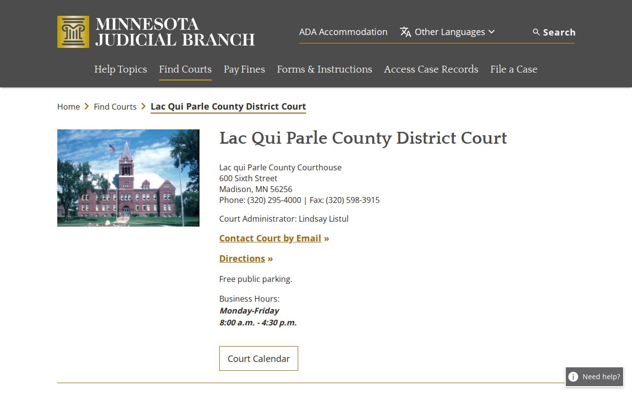 Lac qui Parle County court source for released inmate case records