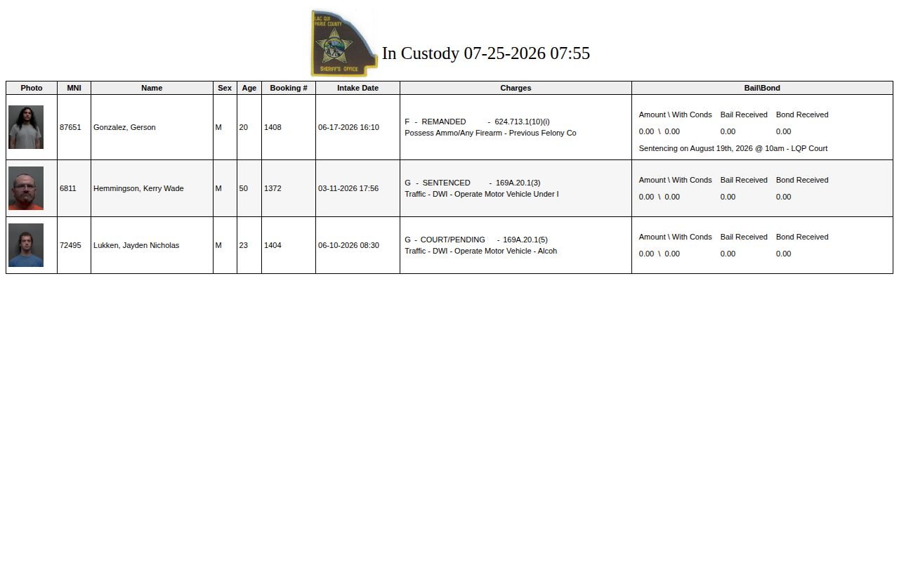 Lac qui Parle County released inmate search showing the current custody roster fields